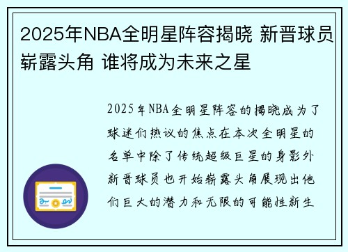 2025年NBA全明星阵容揭晓 新晋球员崭露头角 谁将成为未来之星